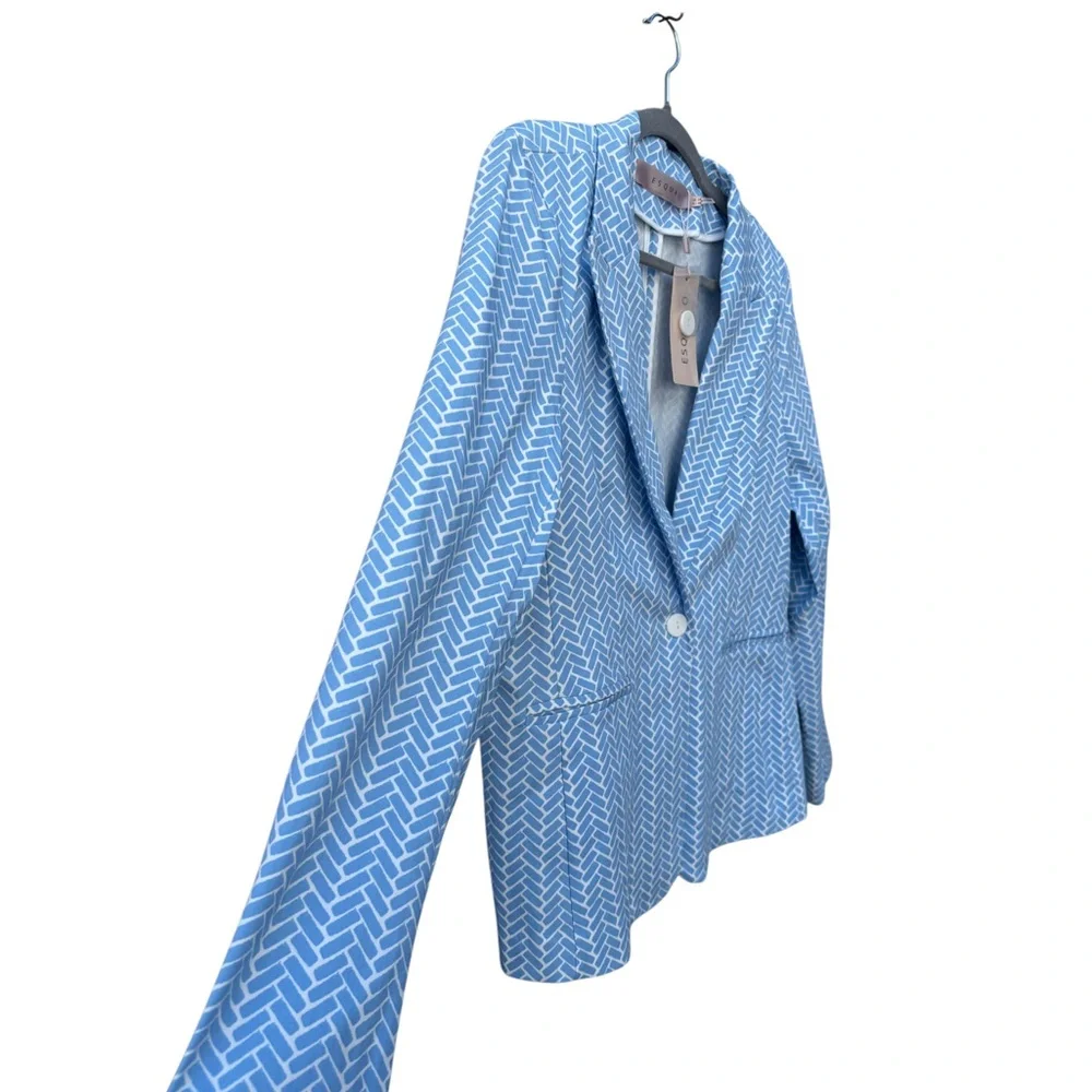 Esqualo Women’s 14 Stretch Block Print Light Blue & White Lightweight Blazer NWT